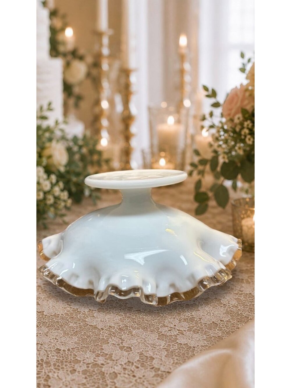 Fenton Milk Glass Bowl Silver Crest Ruffled Edge Pedestal Compote Candy Dish - Picture 6 of 7